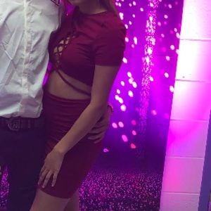 Two piece wine red date dress
